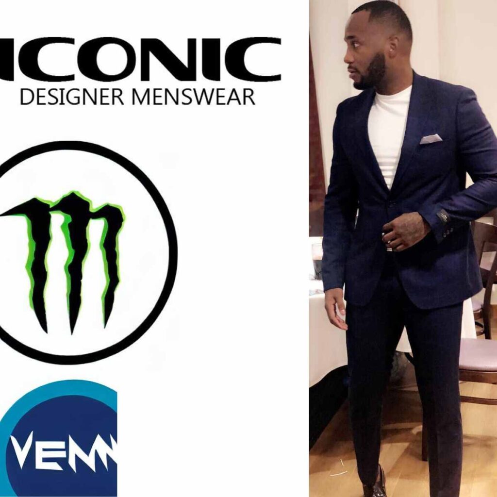 Leon Edwards posing with his endorsement deals from Iconic Menswear, Venum, and Monster Energy